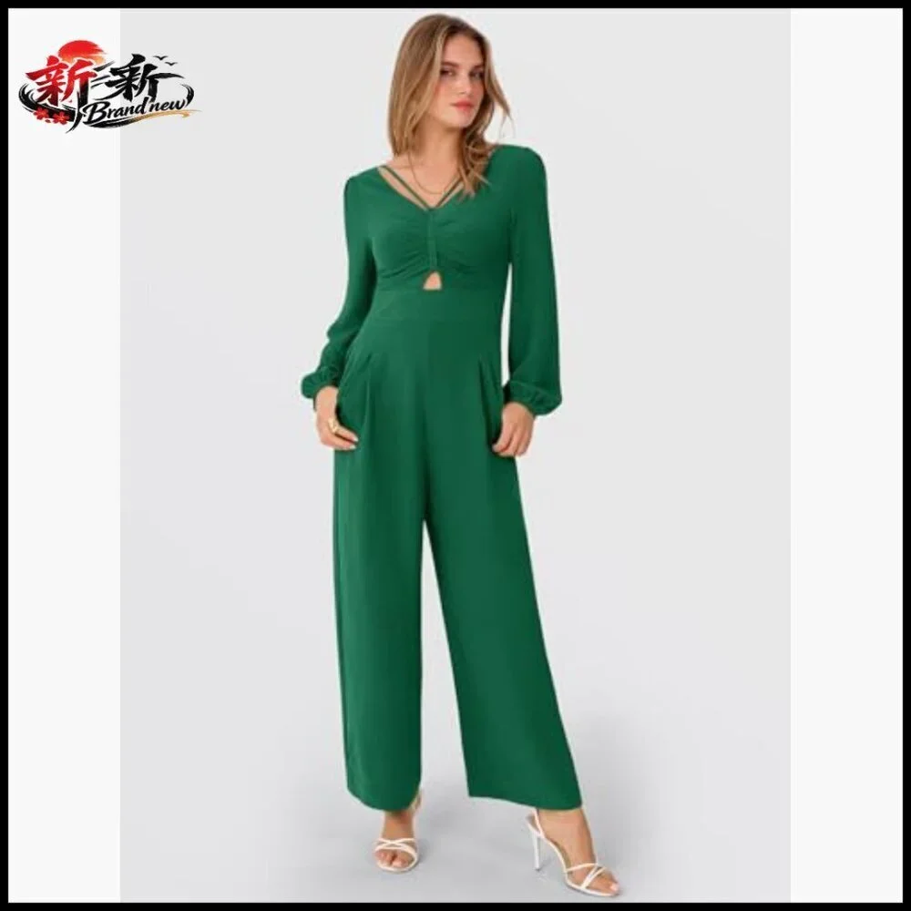 Long Sleeve V Neck Wide Leg Jumpsuit Formal Polyester